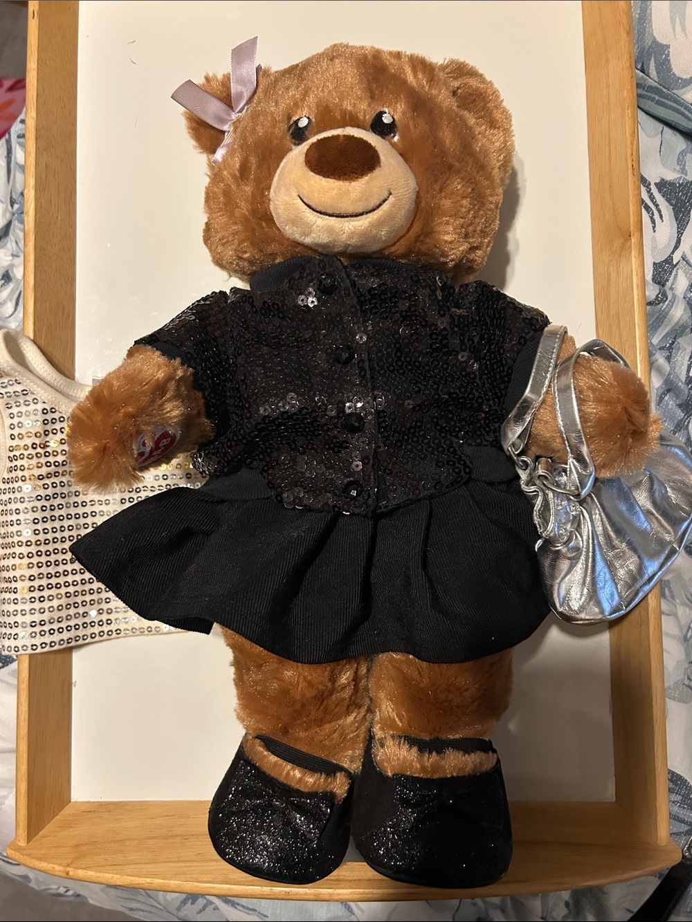 Build-A-Bear Brown Plush in Black Sequin Outfit with Silver Purse